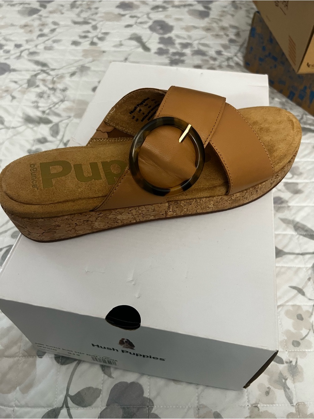 Hush Puppies Tan Leather Cork Slide with Tortoiseshell Buckle